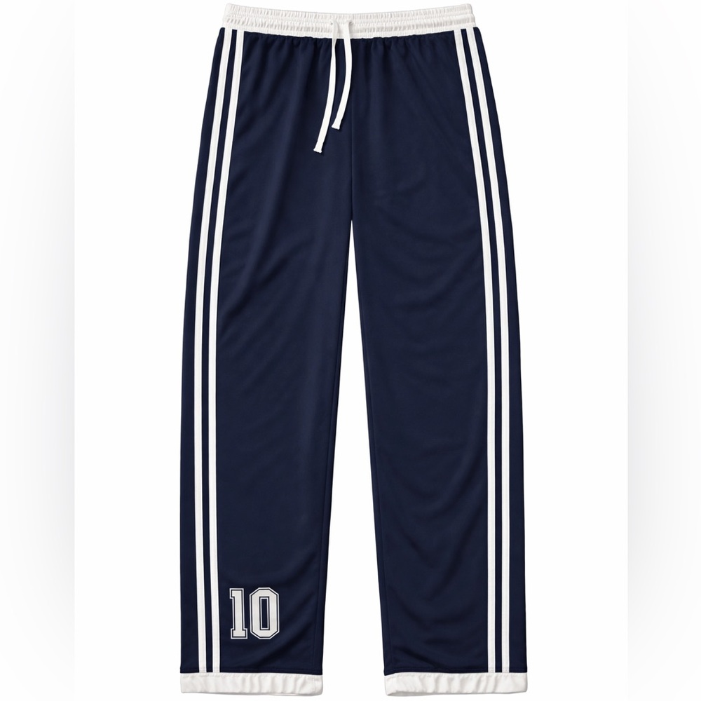 Navy Athletic Track Pants with White Stripe and '10' Patch
